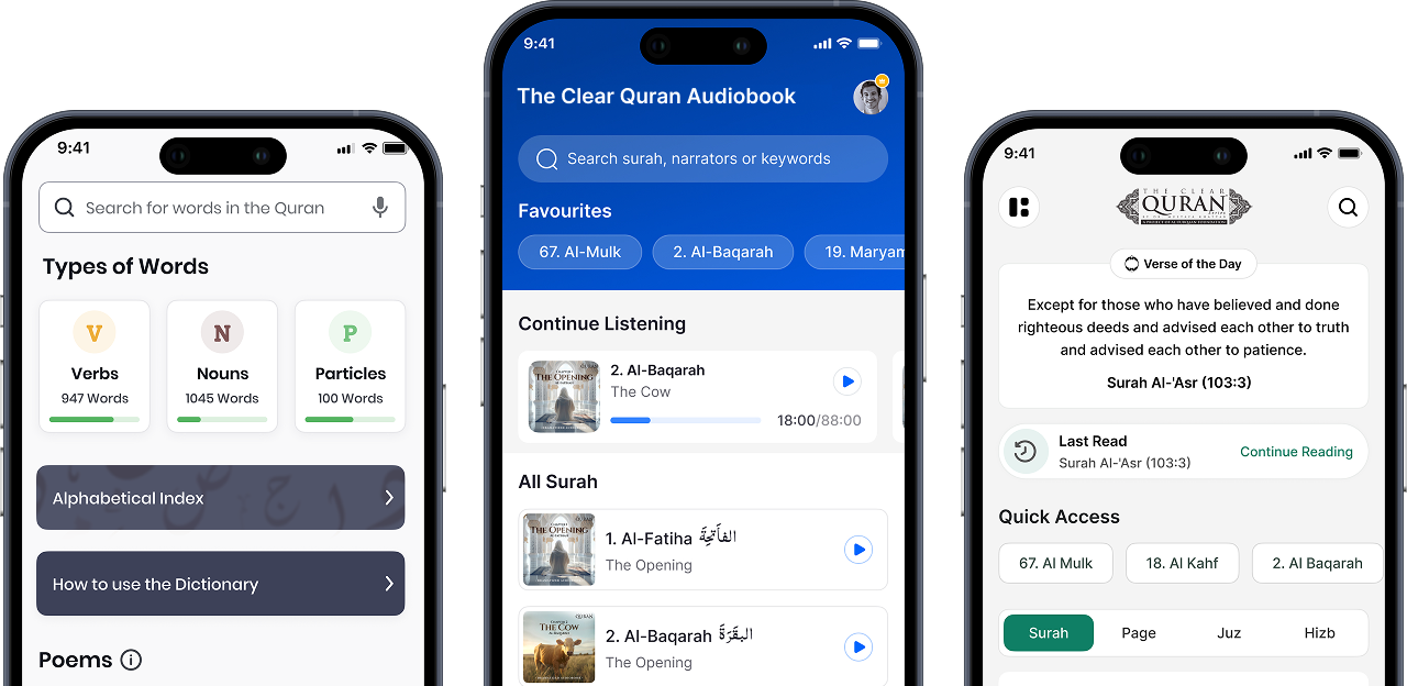 Overview of The Clear Quran app screens